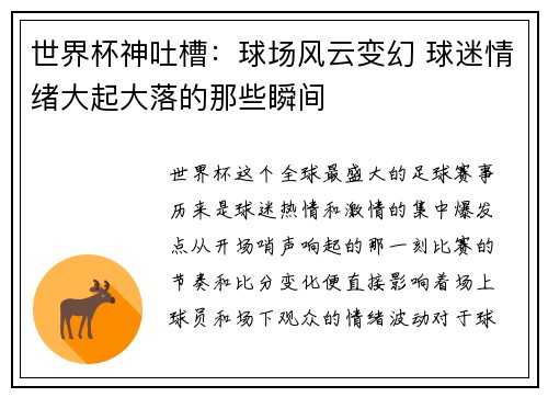 世界杯神吐槽：球场风云变幻 球迷情绪大起大落的那些瞬间